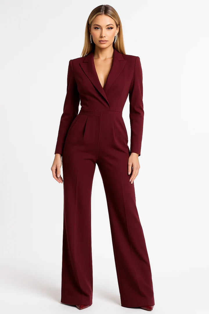 Maya | Women's Elegant V-Neck Fitted Wide-leg Jumpsuit Burgundy