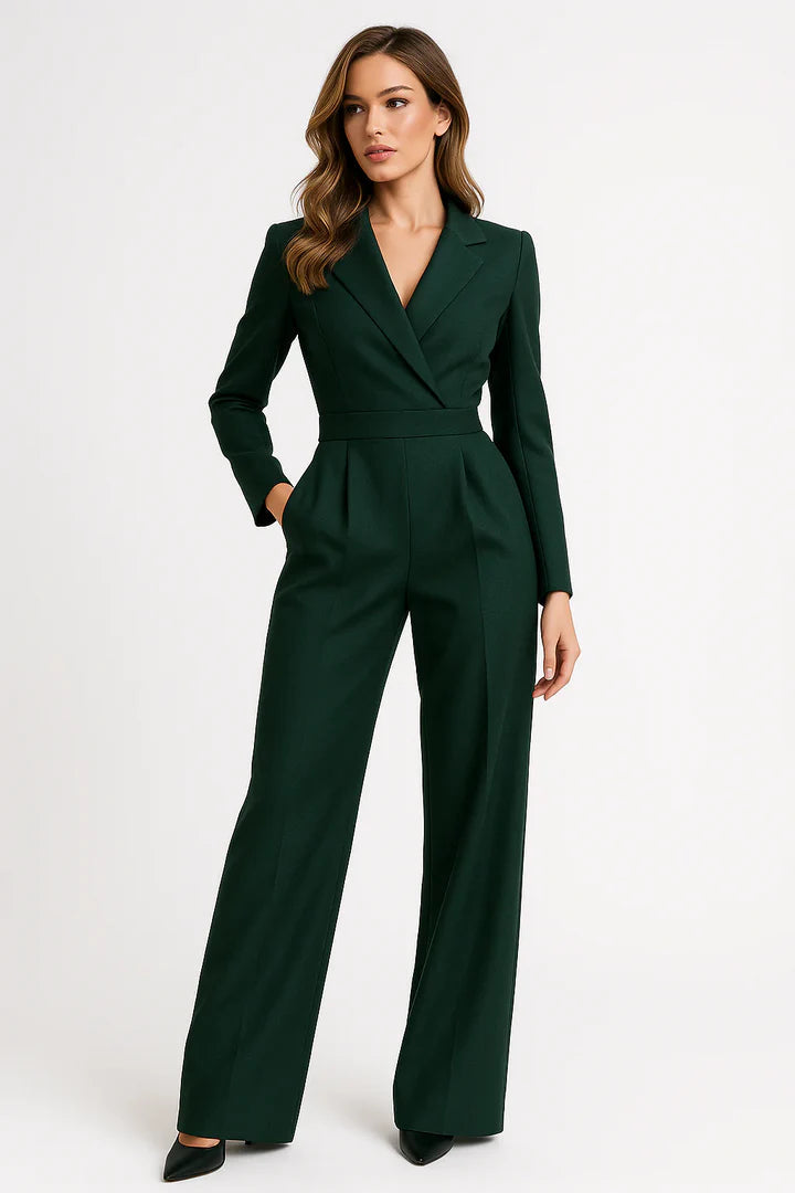 Maya | Women's Elegant V-Neck Fitted Wide-leg Jumpsuit Green