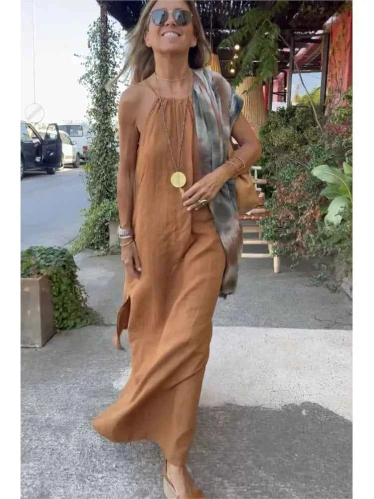 Melinda | Elegant Halter Dress for Summer Events Khaki