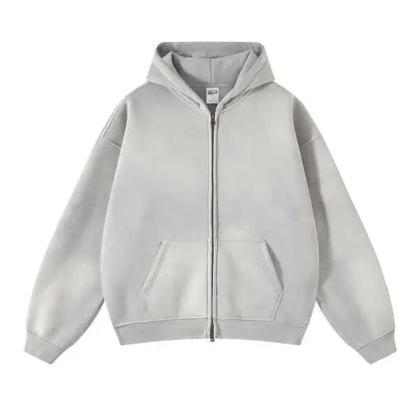 Men and Women's Full-Zip Batik-Wash Street Hoodie Grey