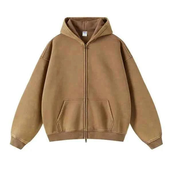 Men and Women's Full-Zip Batik-Wash Street Hoodie Khaki