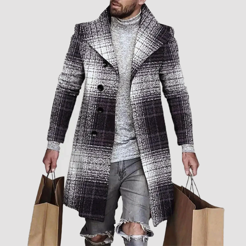 Men's Regular Fit Plaid Coat with Notched Lapel Gray
