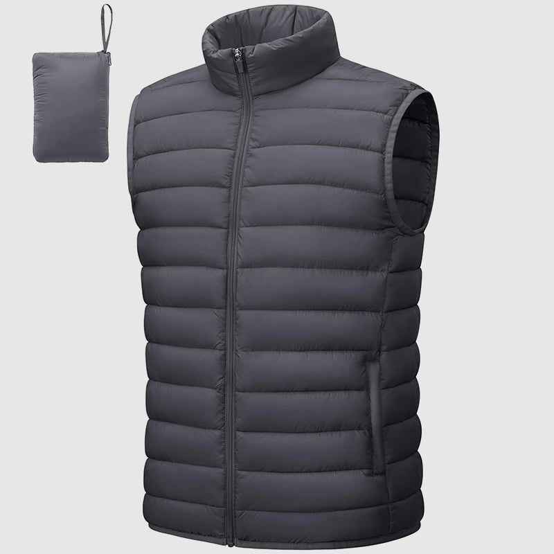 Men's Quilted Puffer Vest | Stand Collar Hip-Length Design Gray
