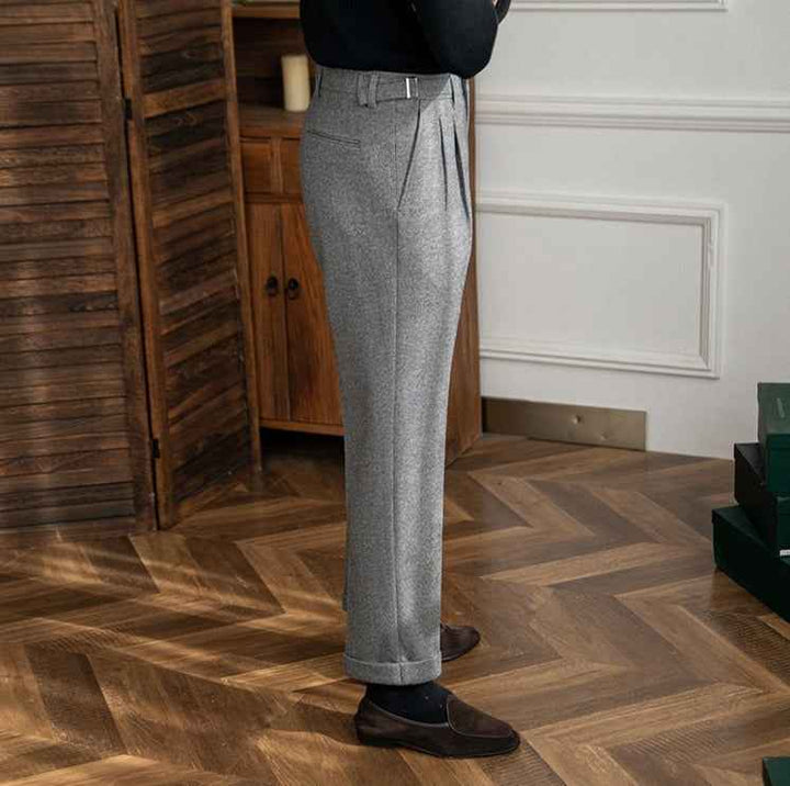 Men's High-Waisted Trousers with Side Buckle and Pleats