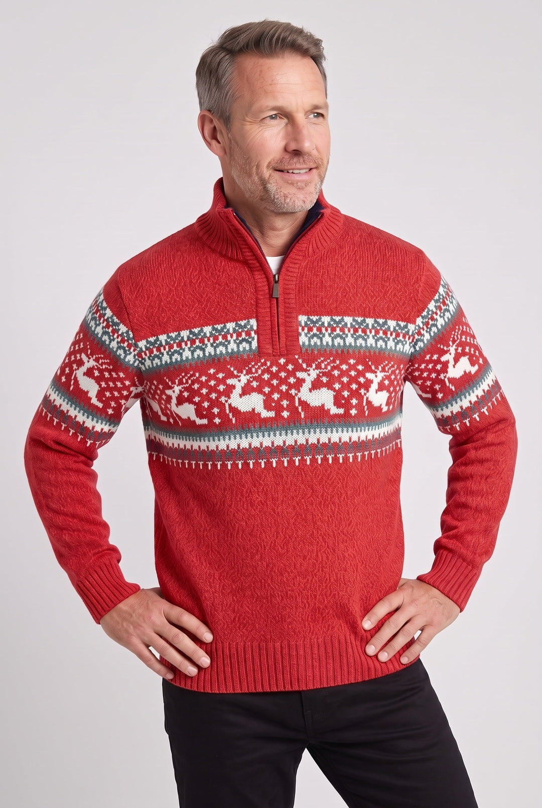 Men's Fair Isle Quarter Zip Knit Sweater Red