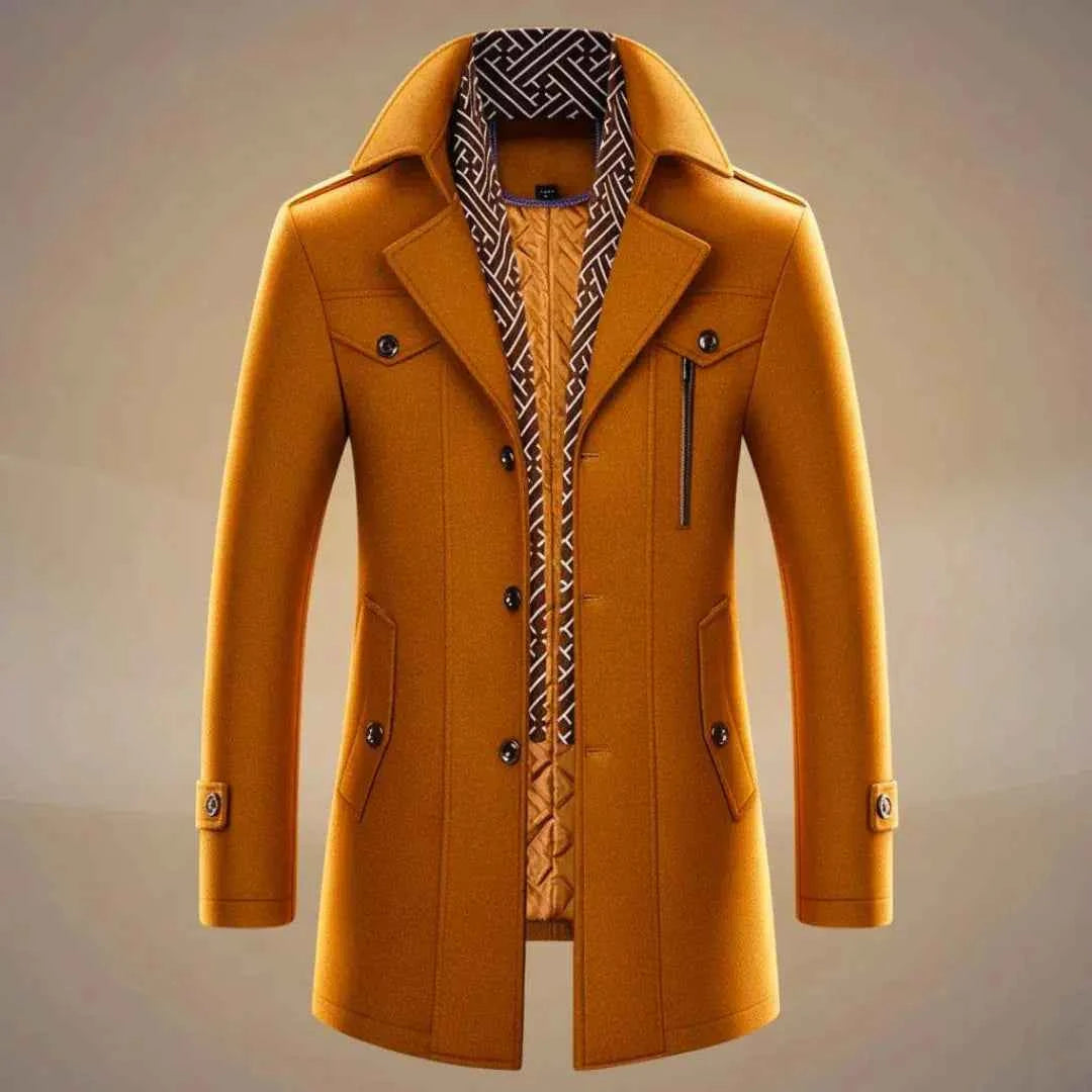 Men's Wool Long Overcoat - Stylish & Warm Cognac Brown
