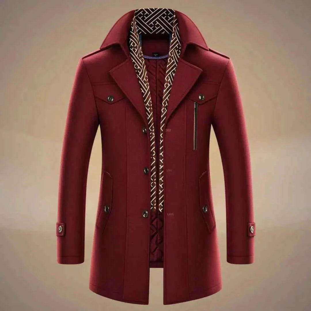 Men's Wool Long Overcoat - Stylish & Warm Crimson Red