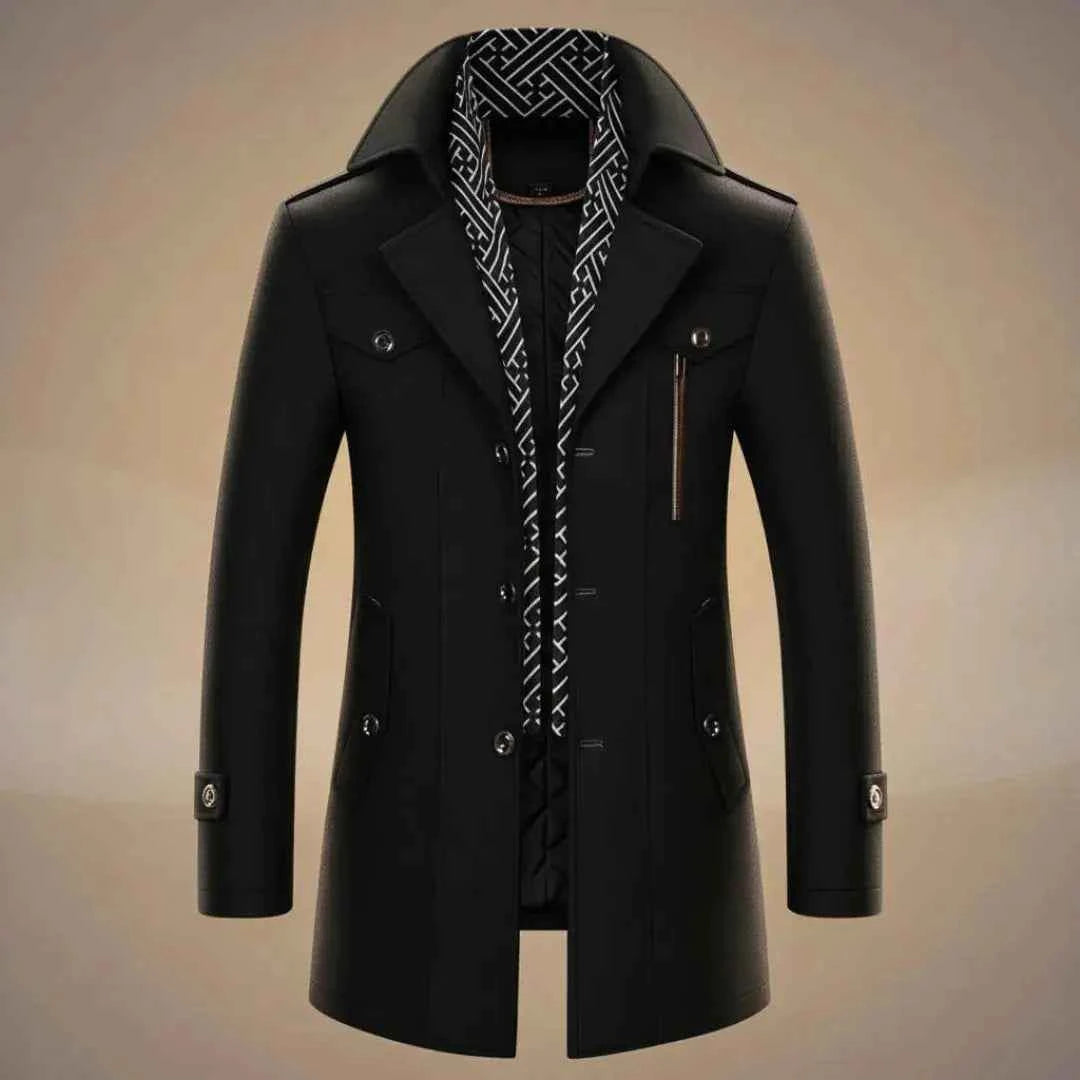 Men's Wool Long Overcoat - Stylish & Warm Obsidian Black