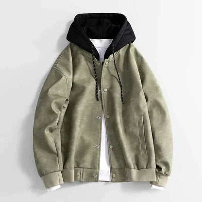 Men's Leather Jacket Regular Pockets Brown Winter Drawstring Green