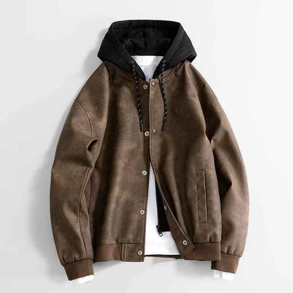 Men's Leather Jacket Regular Pockets Brown Winter Drawstring Brown