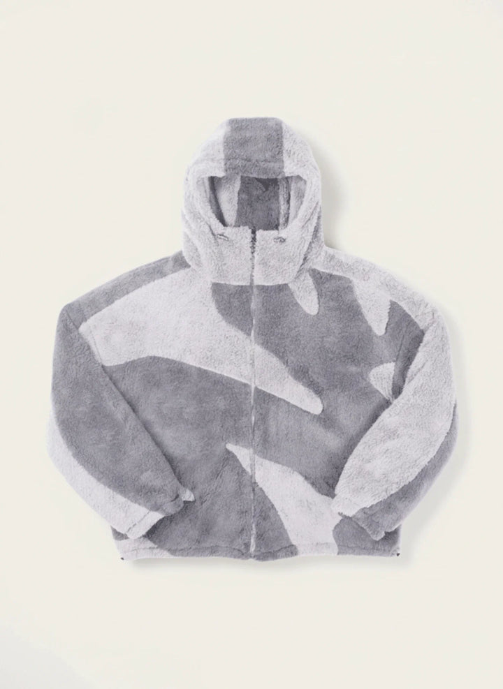 Men's Abstract Camo Fleece Hooded Jacket Grey