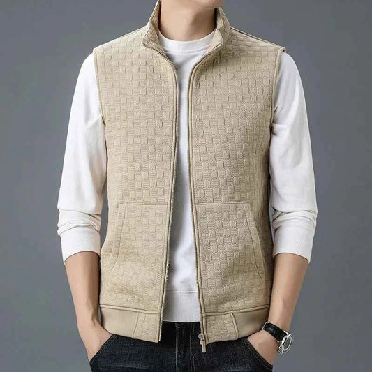 Men's Knit Cotton Blend Tailored Fit Solid Beige Winter Vest Beige