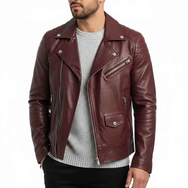 Men's Asymmetrical Leather Biker Jacket Red
