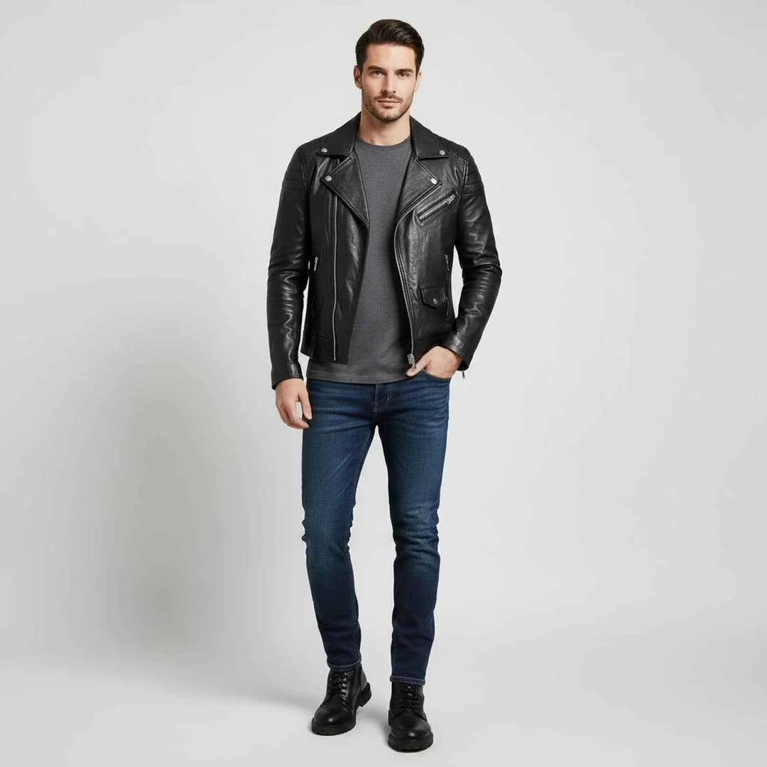 Men's Asymmetrical Leather Biker Jacket