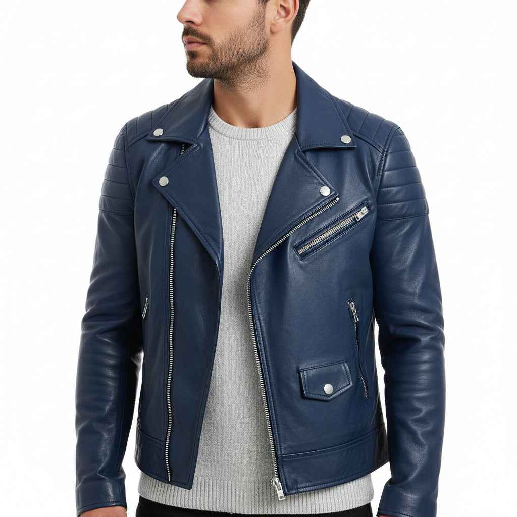 Men's Asymmetrical Leather Biker Jacket Blue