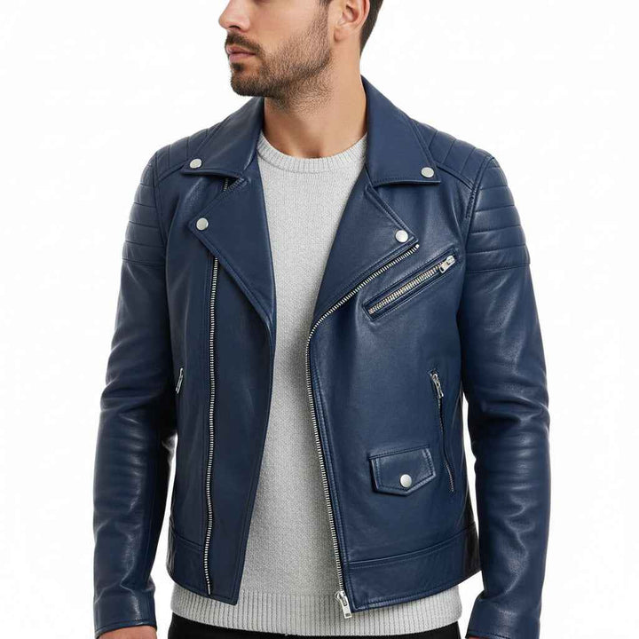 Men's Asymmetrical Leather Biker Jacket Blue