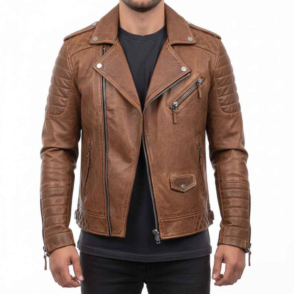 Men's Asymmetrical Leather Biker Jacket Brown