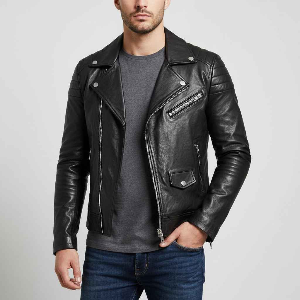 Men's Asymmetrical Leather Biker Jacket Black