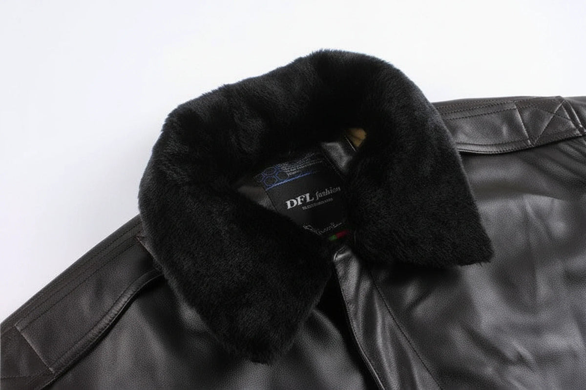 Men's Leather Jacket Pockets Black Winter Ribbed Trim Zip Closure