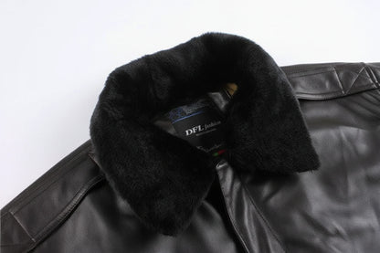 Men's Leather Jacket Pockets Black Winter Ribbed Trim Zip Closure