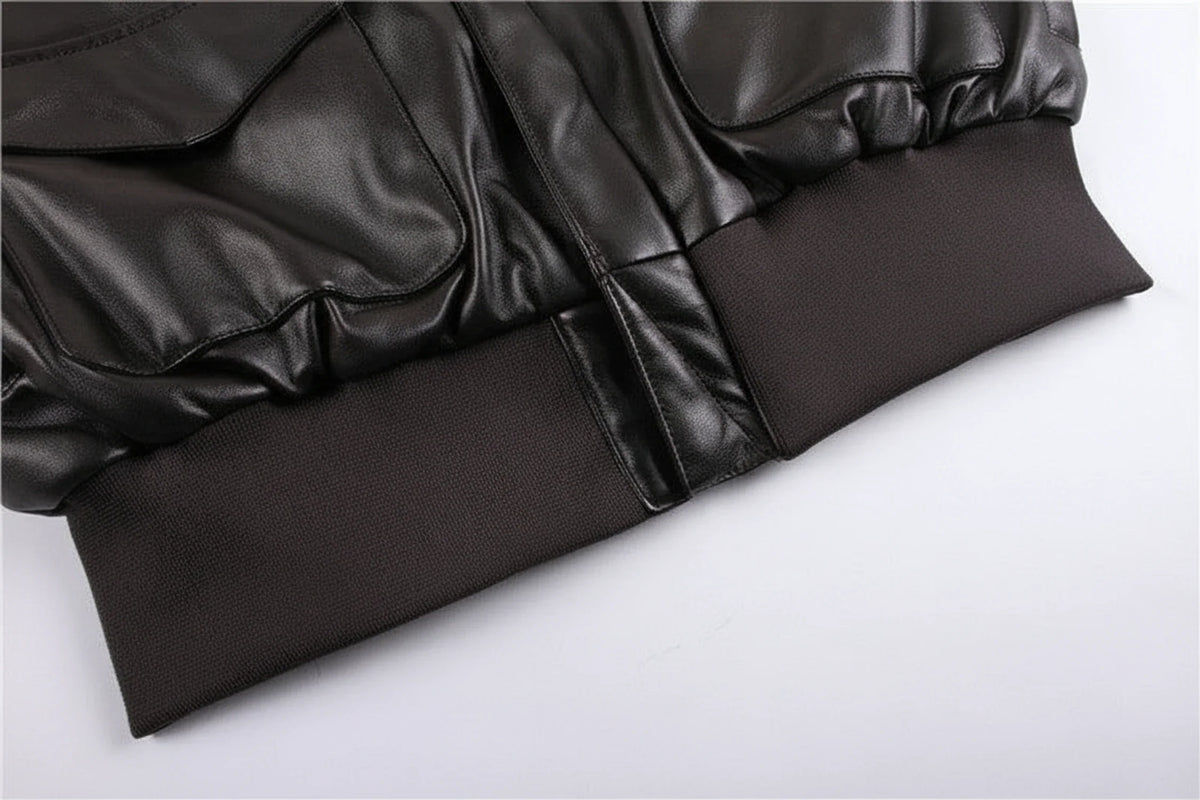 Men's Leather Jacket Pockets Black Winter Ribbed Trim Zip Closure
