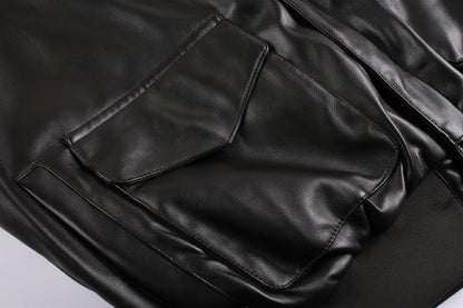 Men's Leather Jacket Pockets Black Winter Ribbed Trim Zip Closure