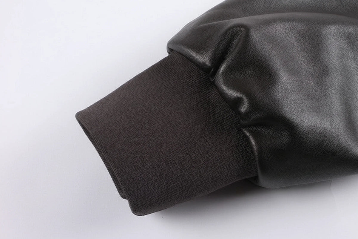 Men's Leather Jacket Pockets Black Winter Ribbed Trim Zip Closure