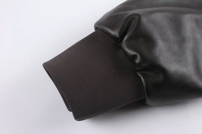 Men's Leather Jacket Pockets Black Winter Ribbed Trim Zip Closure