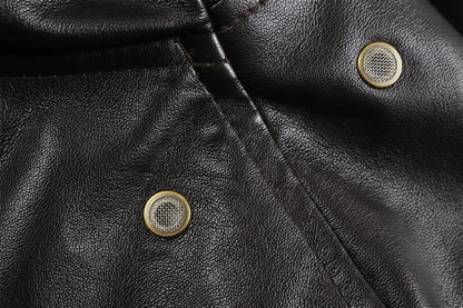 Men's Leather Jacket Pockets Black Winter Ribbed Trim Zip Closure