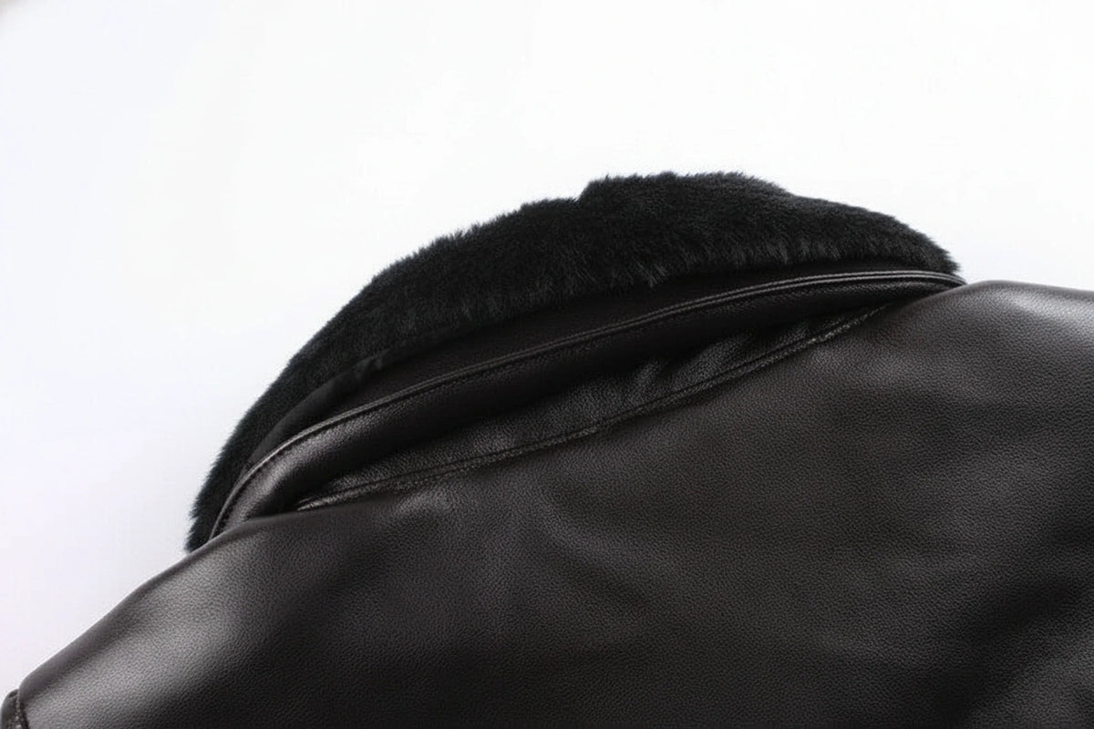 Men's Leather Jacket Pockets Black Winter Ribbed Trim Zip Closure