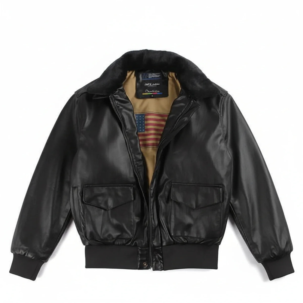 Men's Leather Jacket Pockets Black Winter Ribbed Trim Zip Closure Black