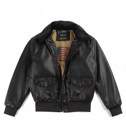 Men's Leather Jacket Pockets Black Winter Ribbed Trim Zip Closure Black