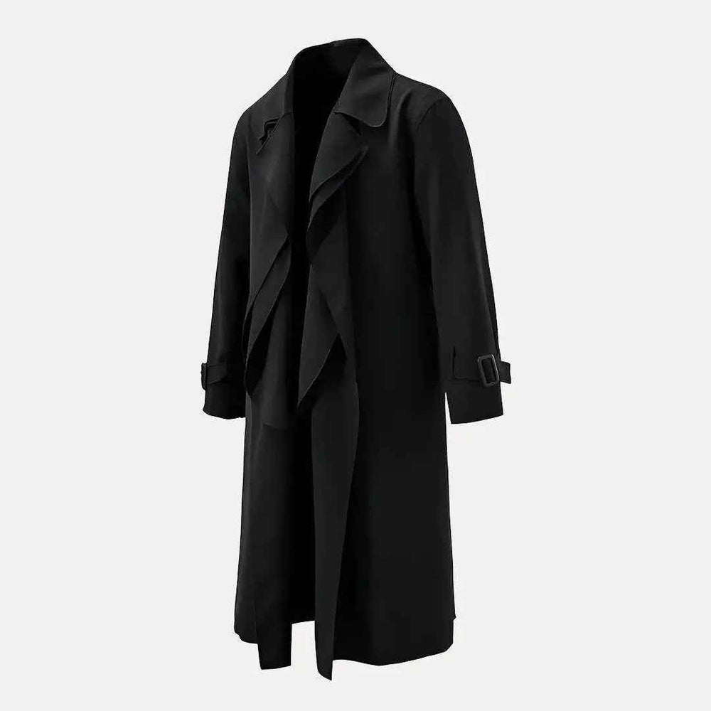 Men's Black Tie Waist Lapel Trench Coat