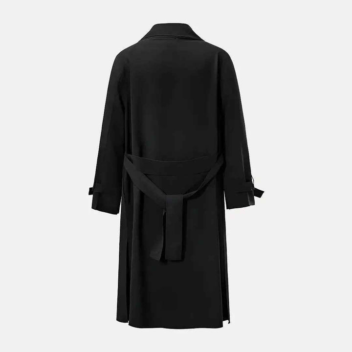 Men's Black Tie Waist Lapel Trench Coat