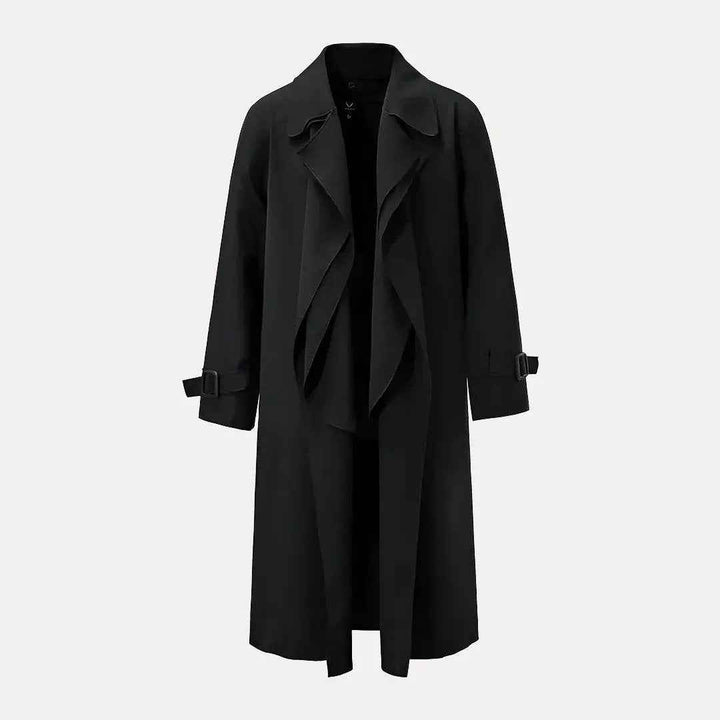 Men's Black Tie Waist Lapel Trench Coat