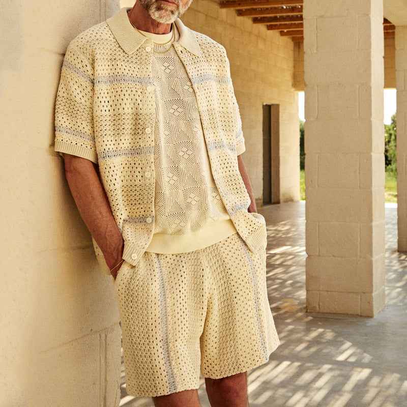 Men's Breathable Knit Set – Relaxed Fit Vest and Shorts Milky