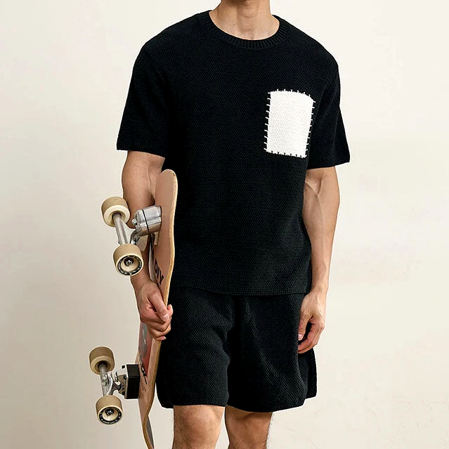 Men's Black Breathable Cotton Blend Patchwork Pocket T Shirt