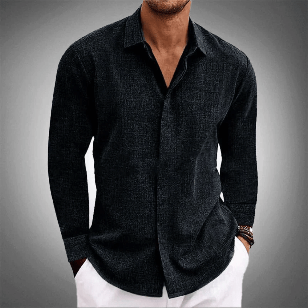 Men's Breathable Linen Shirt - Regular Fit - Long Sleeve Classic Style Black