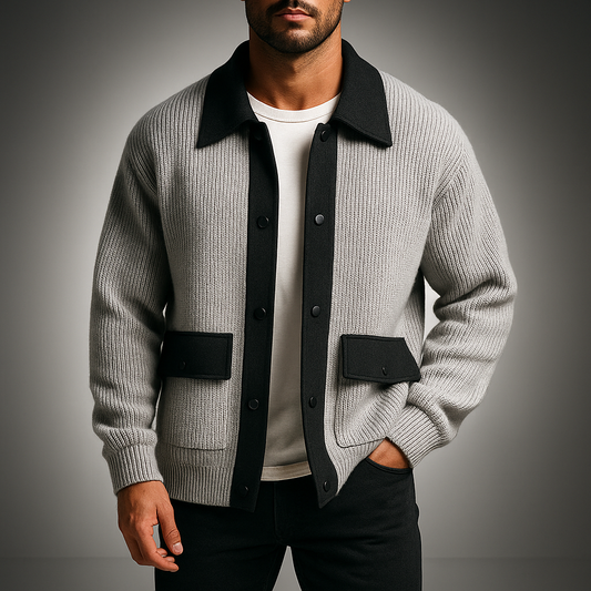 Men's Polyester Ribbed Stand Collar Side Pockets Cardigan Gray