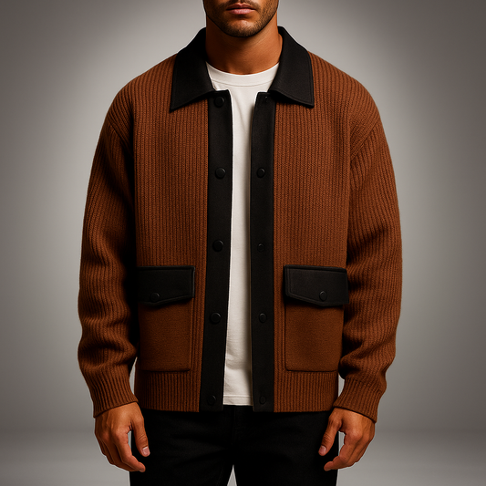Men's Polyester Ribbed Stand Collar Side Pockets Cardigan Brown