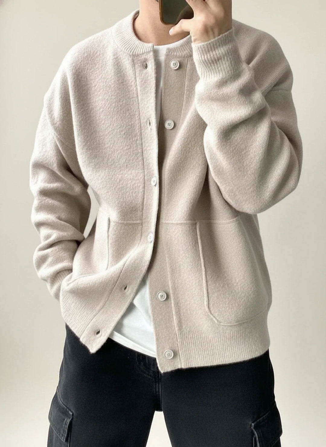 Men's Button-Down Cardigan Jacket Beige