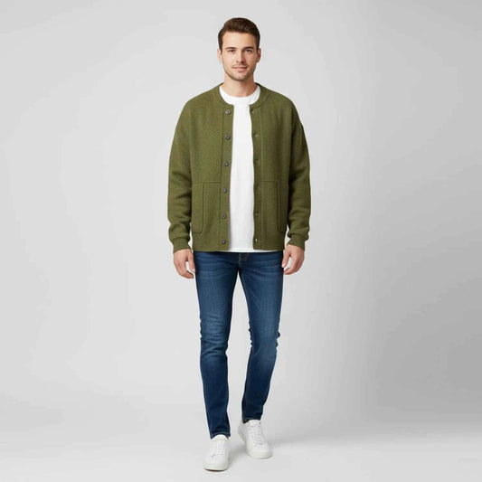 Men's Button Front Relaxed Fit Crew Neck Patch Pocket Green Cardigan