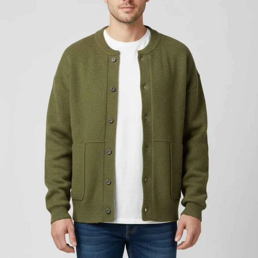 Men's Button Front Relaxed Fit Crew Neck Patch Pocket Green Cardigan Green