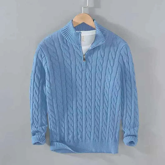 Men's Cotton Mock Neck Quarter-zip Ribbed Hem Cable-knit Sweater Sky Blue