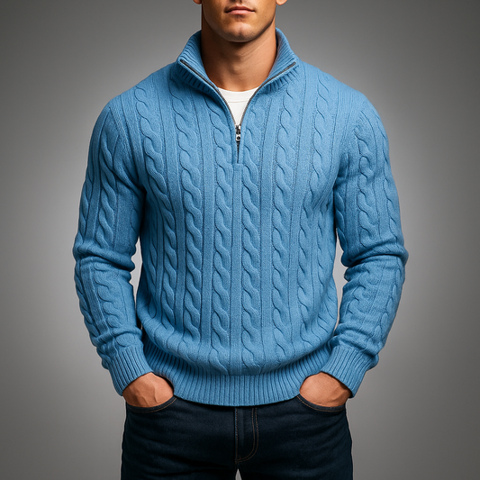 Men's Cotton Mock Neck Quarter-zip Ribbed Hem Cable-knit Sweater
