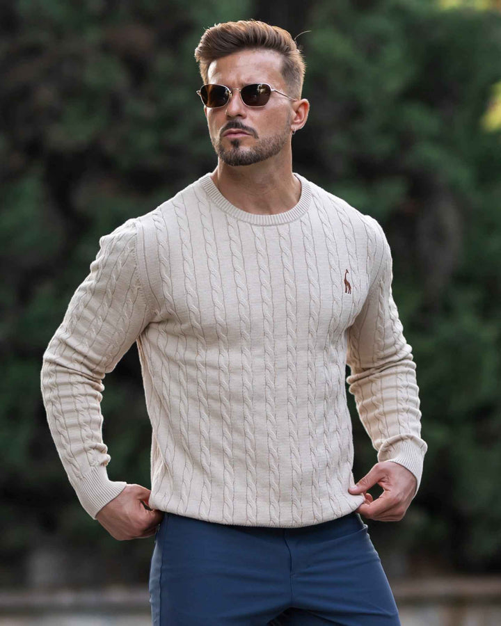 Men's Cable Knit Sweater – Regular Fit – Ribbed Cuffs – Breathable Cotton – Casual Style Beige