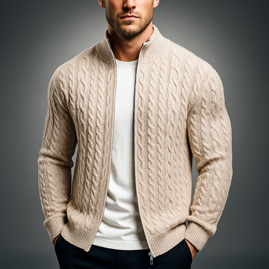 Men's Cable-Knit Zip Cardigan Beige