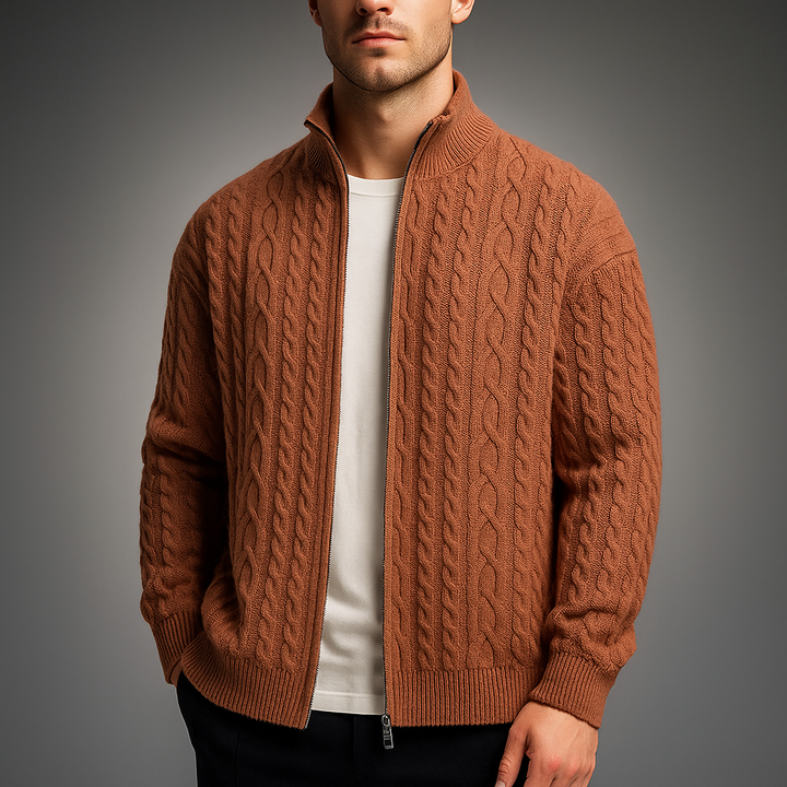 Men's Cable-Knit Zip Cardigan Brown