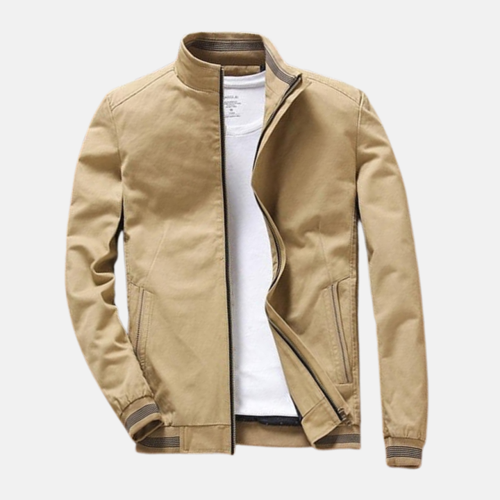 Men's Casual Bomber Jacket – Cotton Blend – Zipper Closure – Ribbed Cuffs Dark Beige