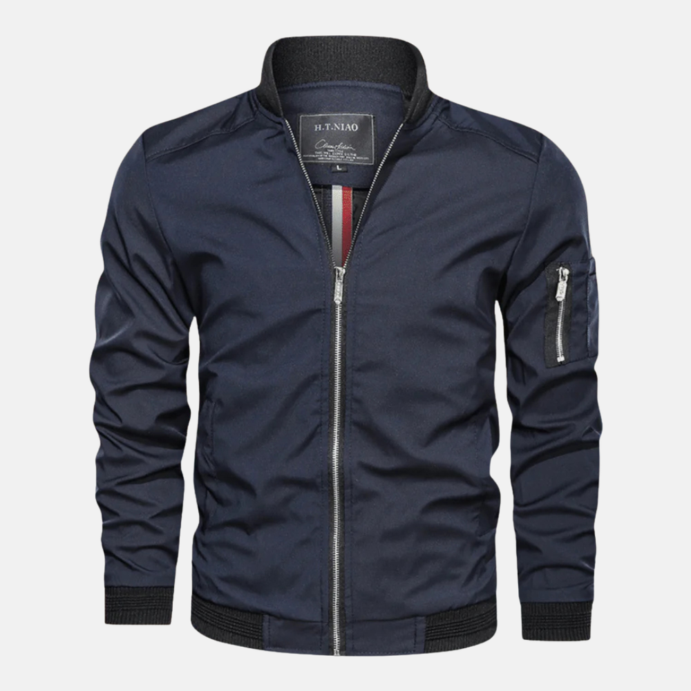 Men's Casual Bomber Jacket – Regular Fit – Ribbed Collar – Zipper Sleeve Pocket Blue